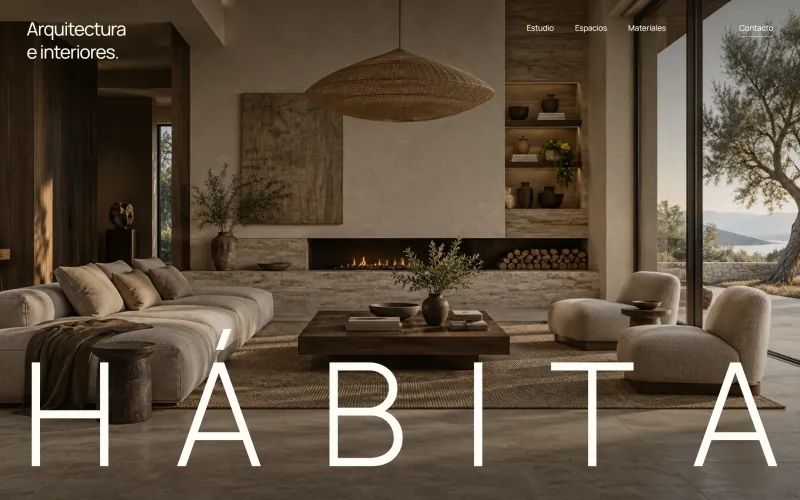 Hábita: interior cálido de piedra y madera, con una gran marca blanca al pie.