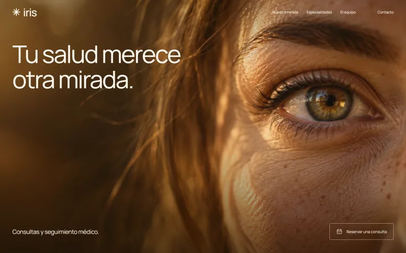 Iris: primer plano de un ojo iluminado por luz cálida y el título Tu salud merece otra mirada.