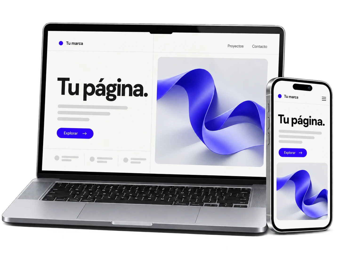 MacBook y iPhone mostrando un diseño de página con un título, bloques de contenido y una pieza gráfica azul.